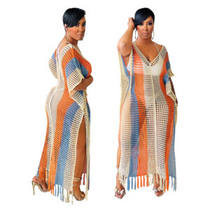 Women's Striped Fringed Knitted Beach Dress