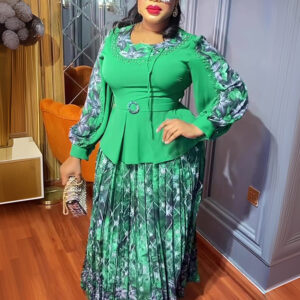 Women's Plus Size Printed Crew Neck Top Pleated Skirt Two-piece Set