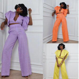 Plain Deep V Neck Butterfly Sleeve Casual Pants Set
