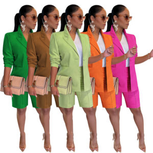Women Lapel Long Sleeve Blazer Knee Length Pant Two Piece Set Office
