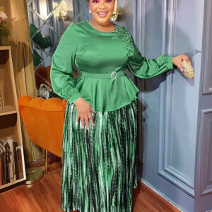 Women's Plus Size Beaded Long Sleeve Top Pleated Skirt Two-piece Set