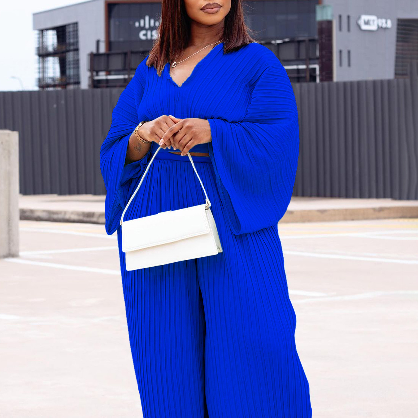 Women's Loose Pleated V-neck Top Wide-leg Pants Two-piece Set - Image 6