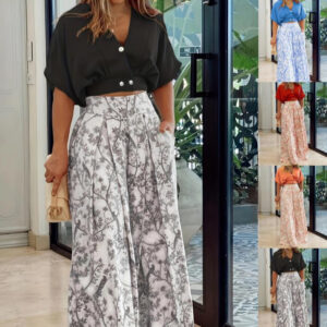Plain V-Neck Batwing Sleeve Top Printed Wide-leg Pants Casual Two-piece Set