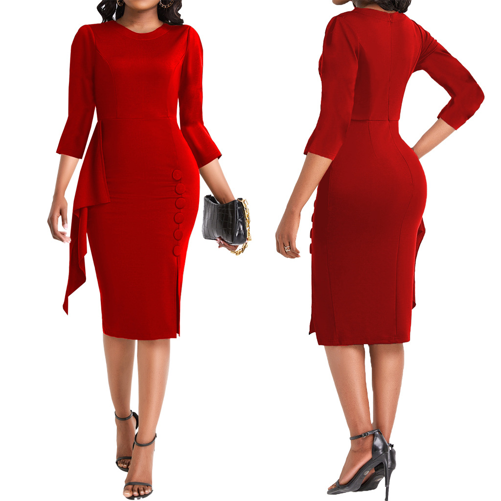Plain Crew Neck Half-Sleeve Ruffle Elegant Dress - Image 3