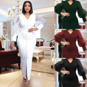 Women's Plain Mesh Puff Sleeves Slim Split White Sheath Maxi Dress