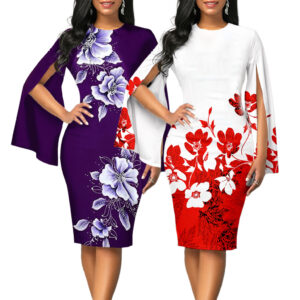 Print Crew Neck Flare Sleeve Split Elegant Dress