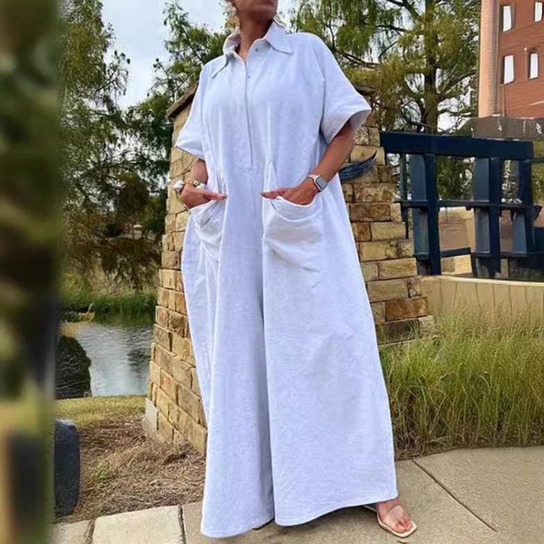 Plain Lapel Half-Sleeve Casual Jumpsuit - Image 2