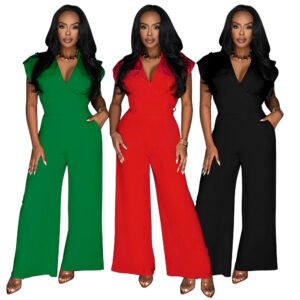 Women's Solid Color Sleeveless V-neck Wide Leg Jumpsuit