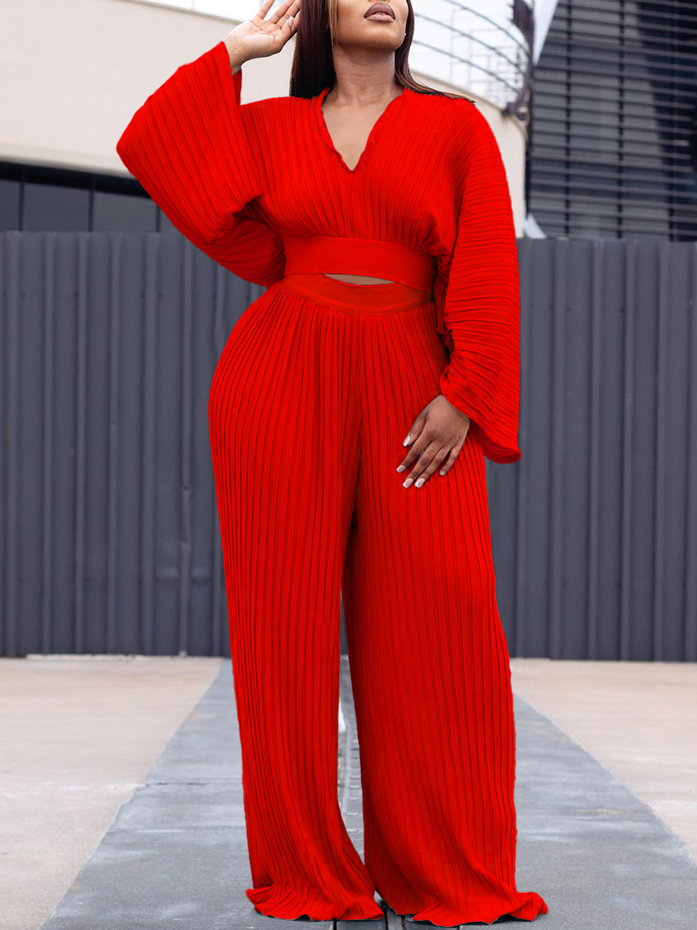 Women's Loose Pleated V-neck Top Wide-leg Pants Two-piece Set - Image 2