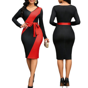 Color Block V-Neck Splice Bandage Elegant Dress