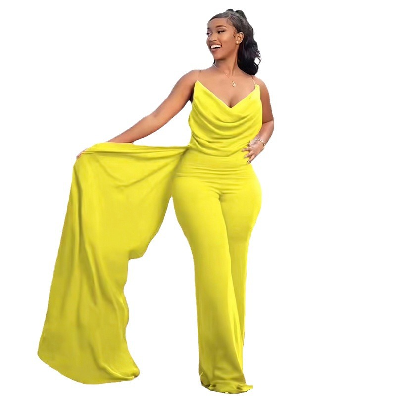 Women Drape Neck Spaghetti Strap Wide Leg One Piece Outfits With Ribbon Elegant Jumpsuits - Image 5