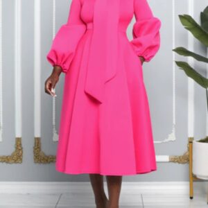 Hot Pink Vintage Solid Bow Tie Midi Dress