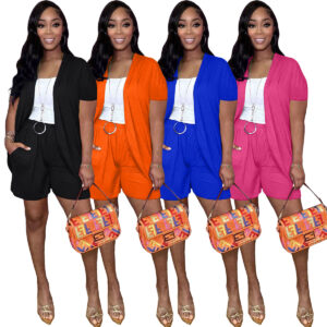 Plain Vest Cardigan Short Sleeve Shorts Set
