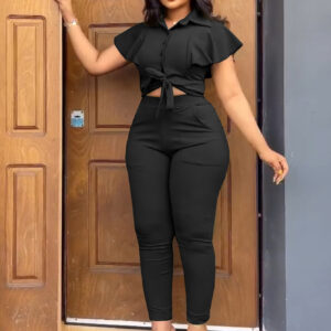 Women's Short-sleeved Lapel Ruffle Sleeve Cardigan Casual Pants Set