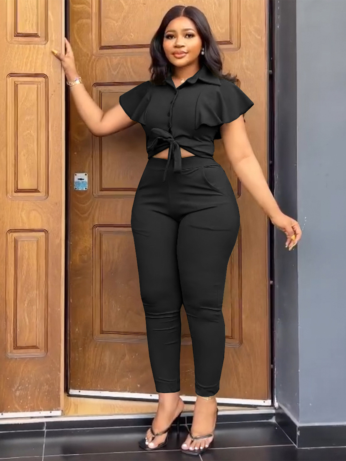 Women's Short-sleeved Lapel Ruffle Sleeve Cardigan Casual Pants Set