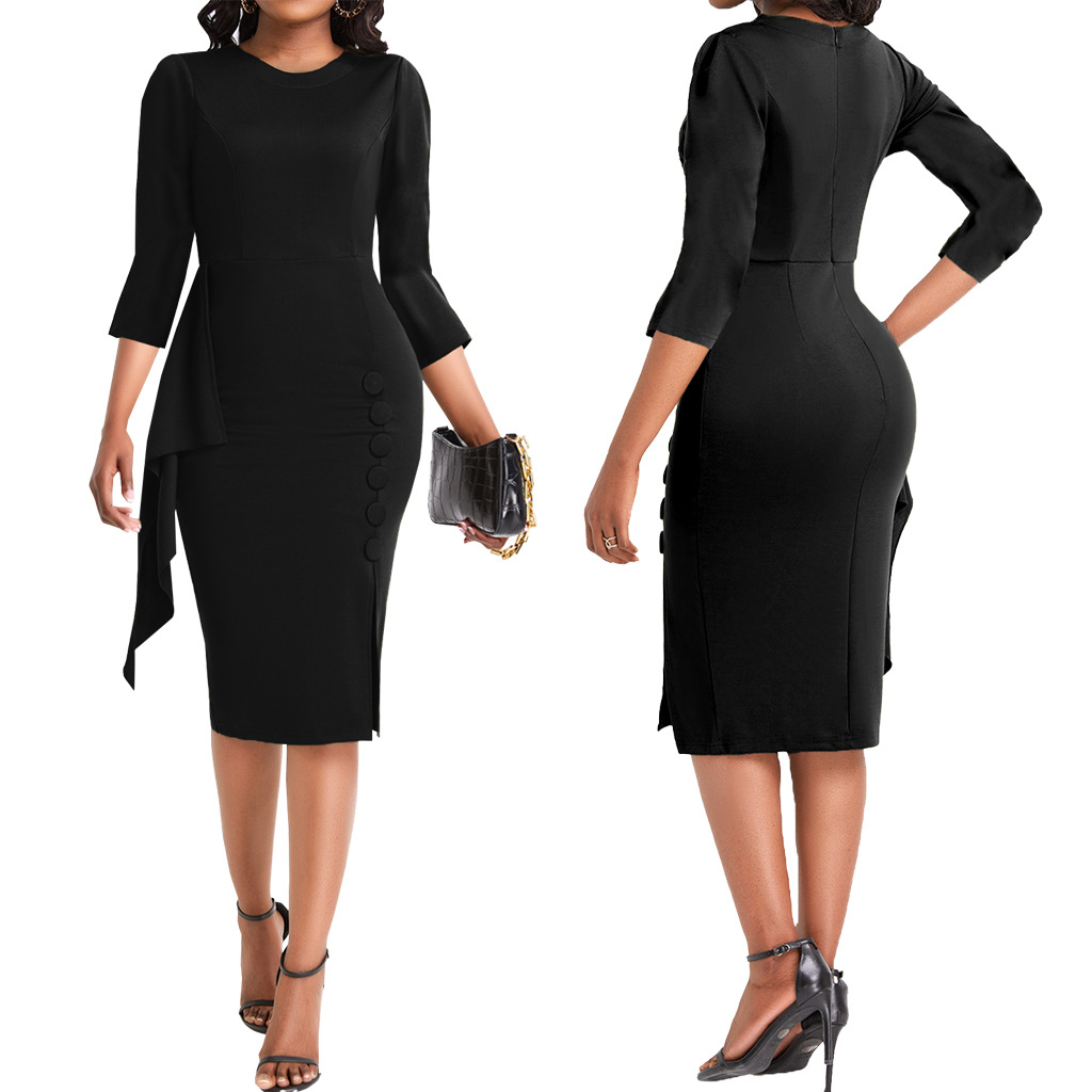 Plain Crew Neck Half-Sleeve Ruffle Elegant Dress - Image 6