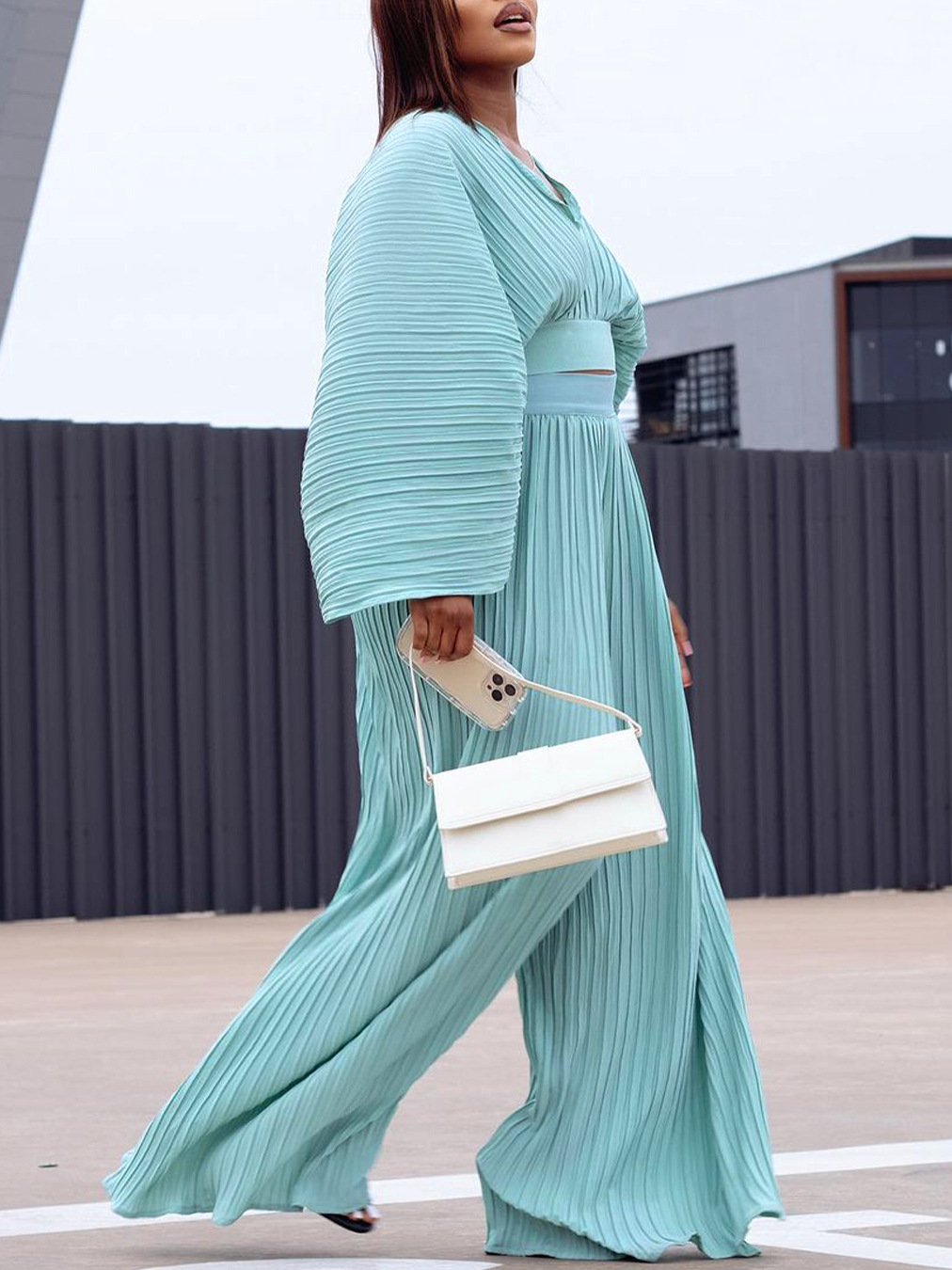 Women's Loose Pleated V-neck Top Wide-leg Pants Two-piece Set - Image 5