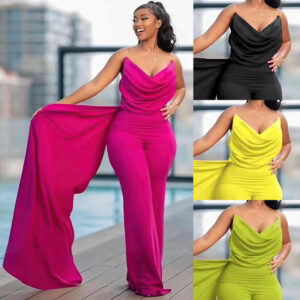 Women Drape Neck Spaghetti Strap Wide Leg One Piece Outfits With Ribbon Elegant Jumpsuits