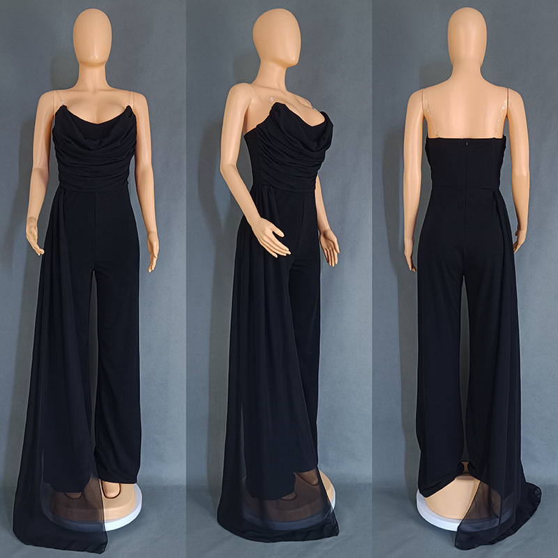 Women Drape Neck Spaghetti Strap Wide Leg One Piece Outfits With Ribbon Elegant Jumpsuits - Image 6