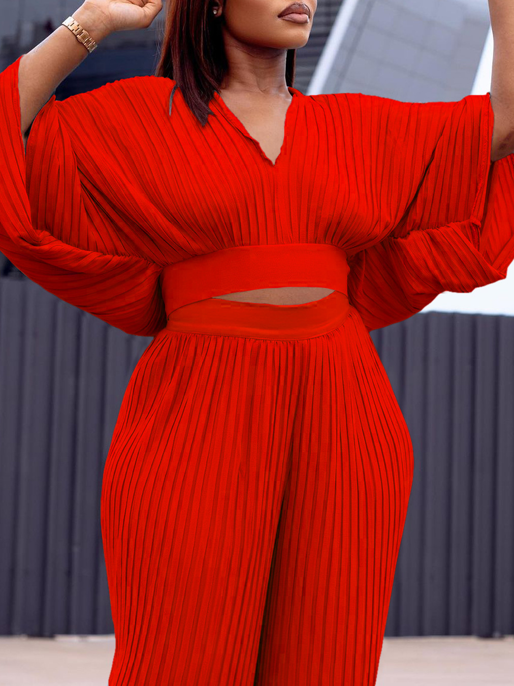 Women's Loose Pleated V-neck Top Wide-leg Pants Two-piece Set - Image 4