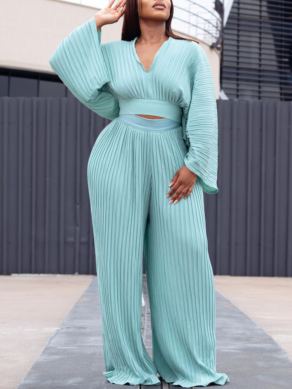 Women's Loose Pleated V-neck Top Wide-leg Pants Two-piece Set