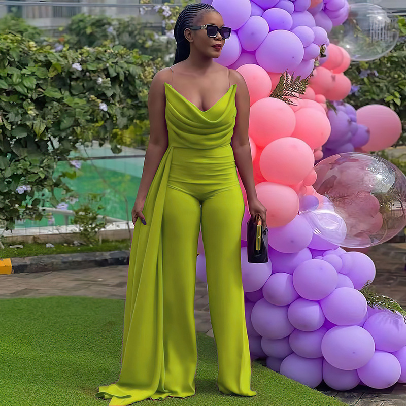 Women Drape Neck Spaghetti Strap Wide Leg One Piece Outfits With Ribbon Elegant Jumpsuits - Image 3