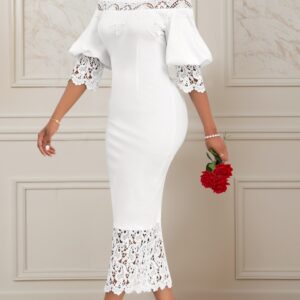 Lace Raw White 3/4 Sleeve Off Shoulder Bodycon Dress
