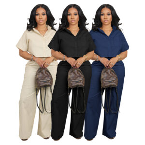 Plain Lapel Single Breasted Short Sleeve Shirt Pants Set