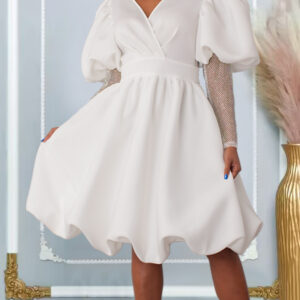 Women's V-neck Puff Sleeve A-Line Mesh Splice Banquet Dress Bridesmaid Dress