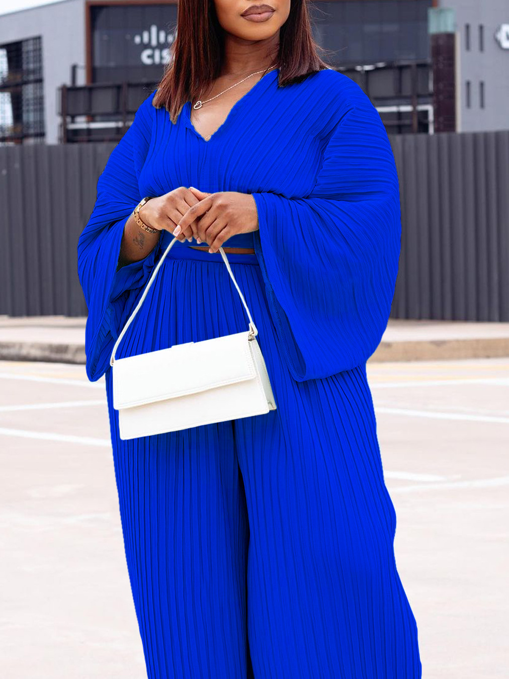 Women's Loose Pleated V-neck Top Wide-leg Pants Two-piece Set - Image 3